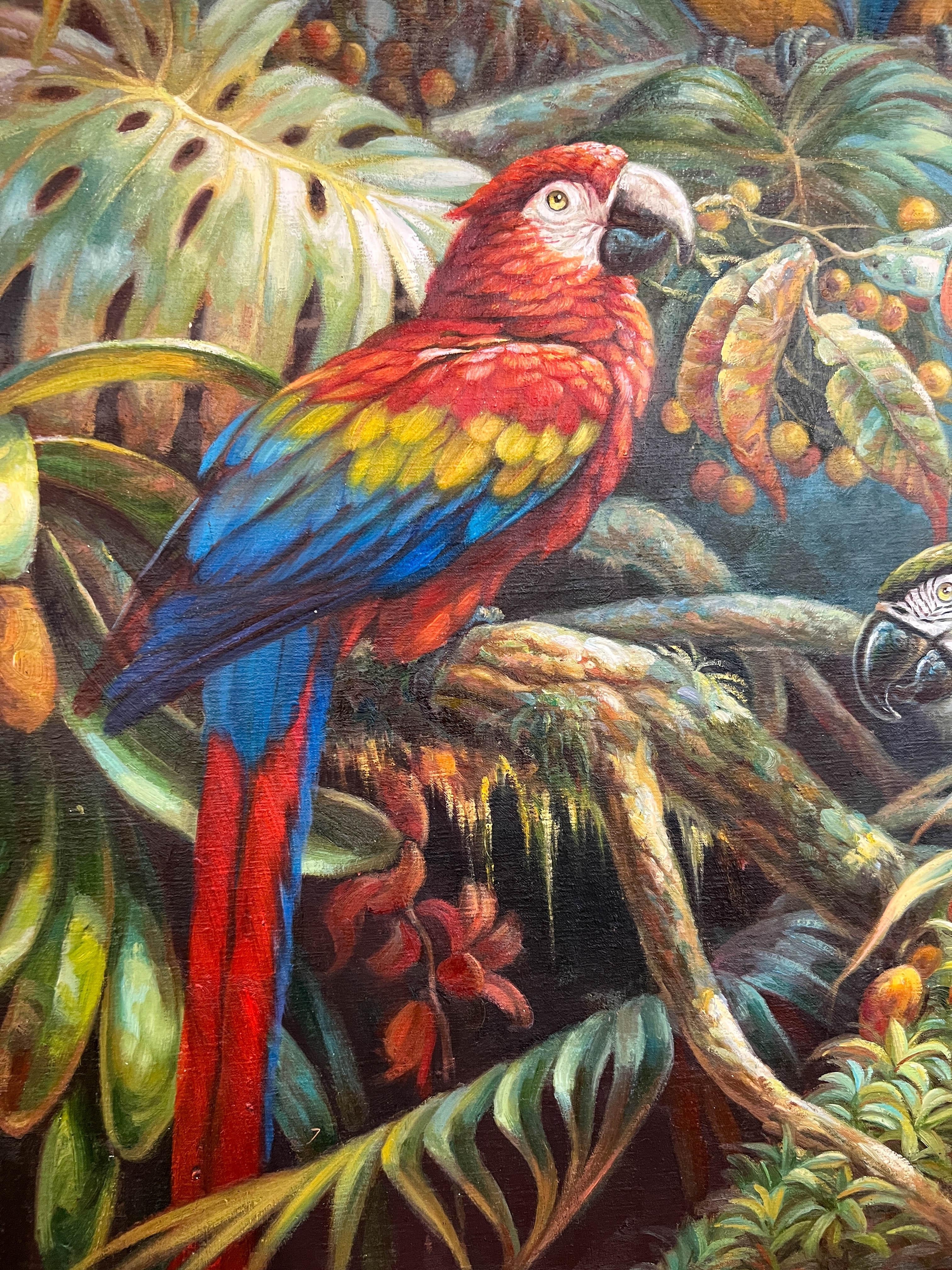 Hand-Painted Exotic Oil Painting of Four Brilliant Macaws For Sale