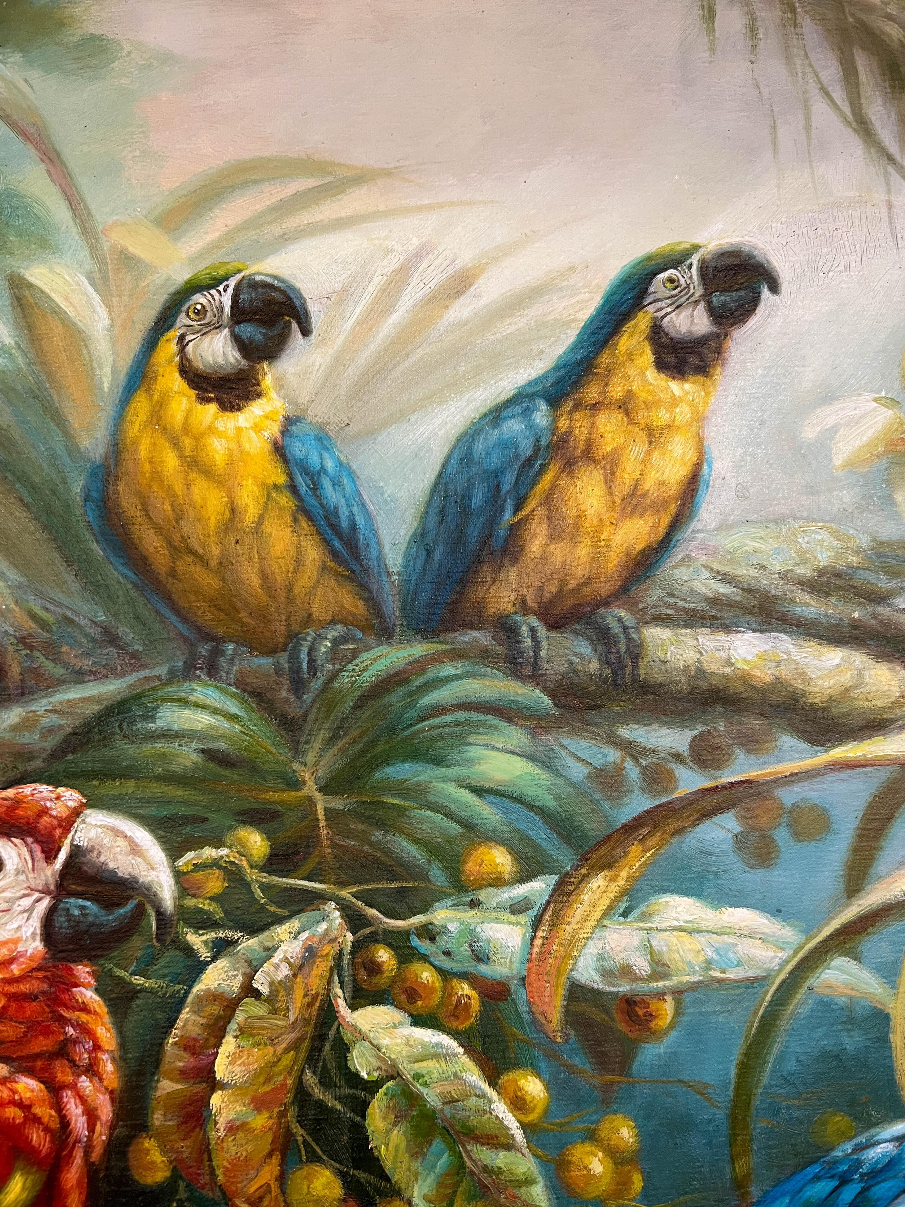 Exotic Oil Painting of Four Brilliant Macaws In Good Condition For Sale In Palm Beach Gardens, FL