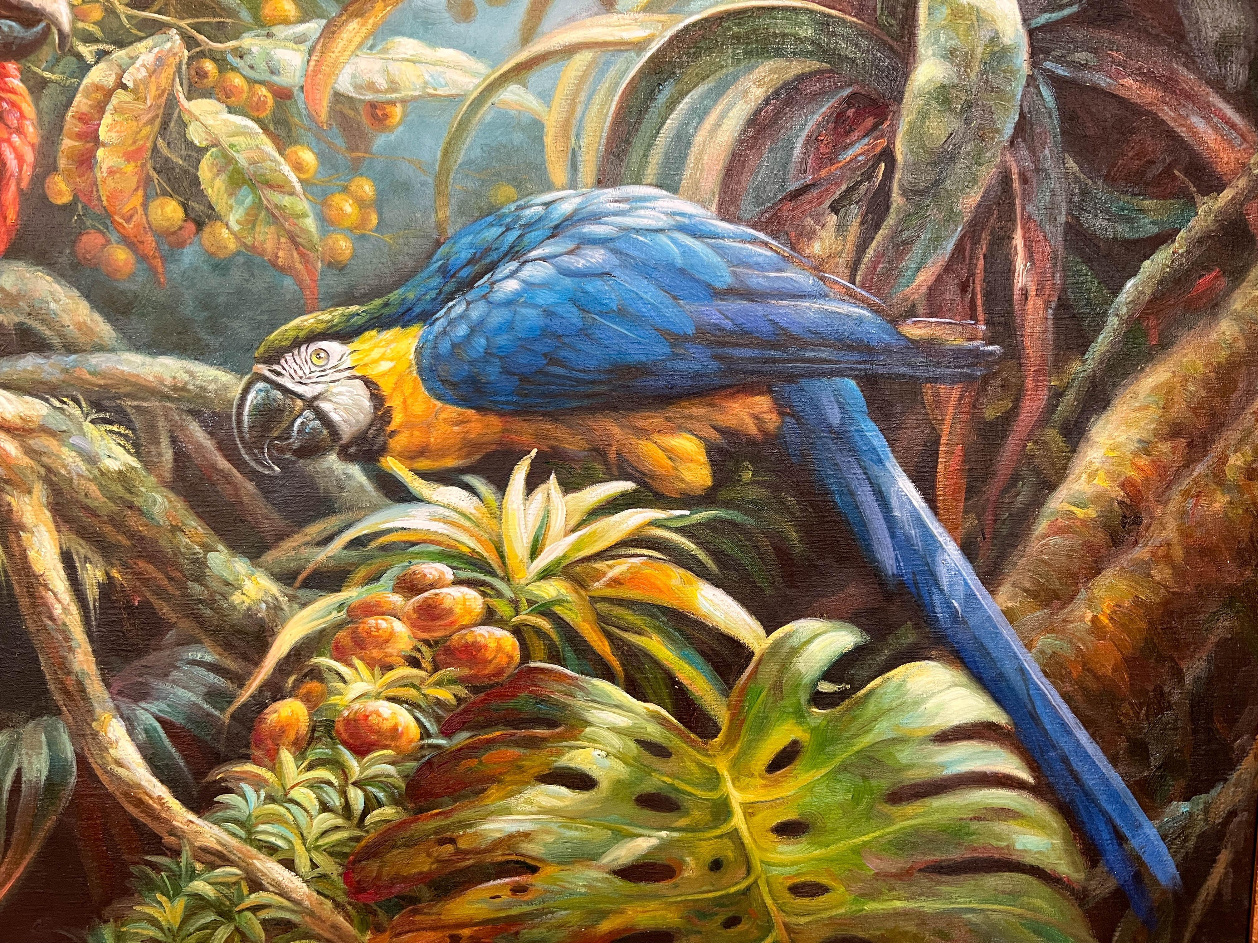 Late 20th Century Exotic Oil Painting of Four Brilliant Macaws For Sale