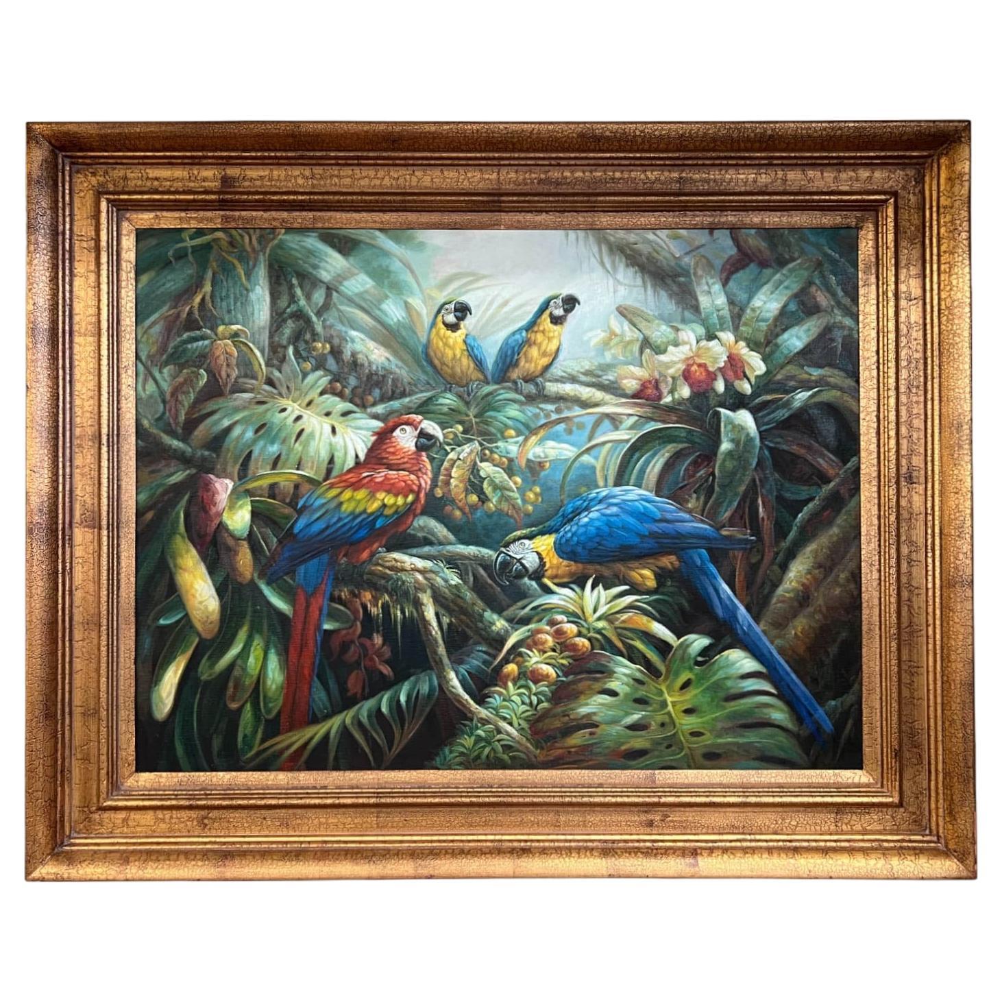 Exotic Oil Painting of Four Brilliant Macaws
