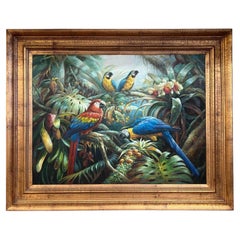 Peinture à l'huile exotique de quatre macaws brillants