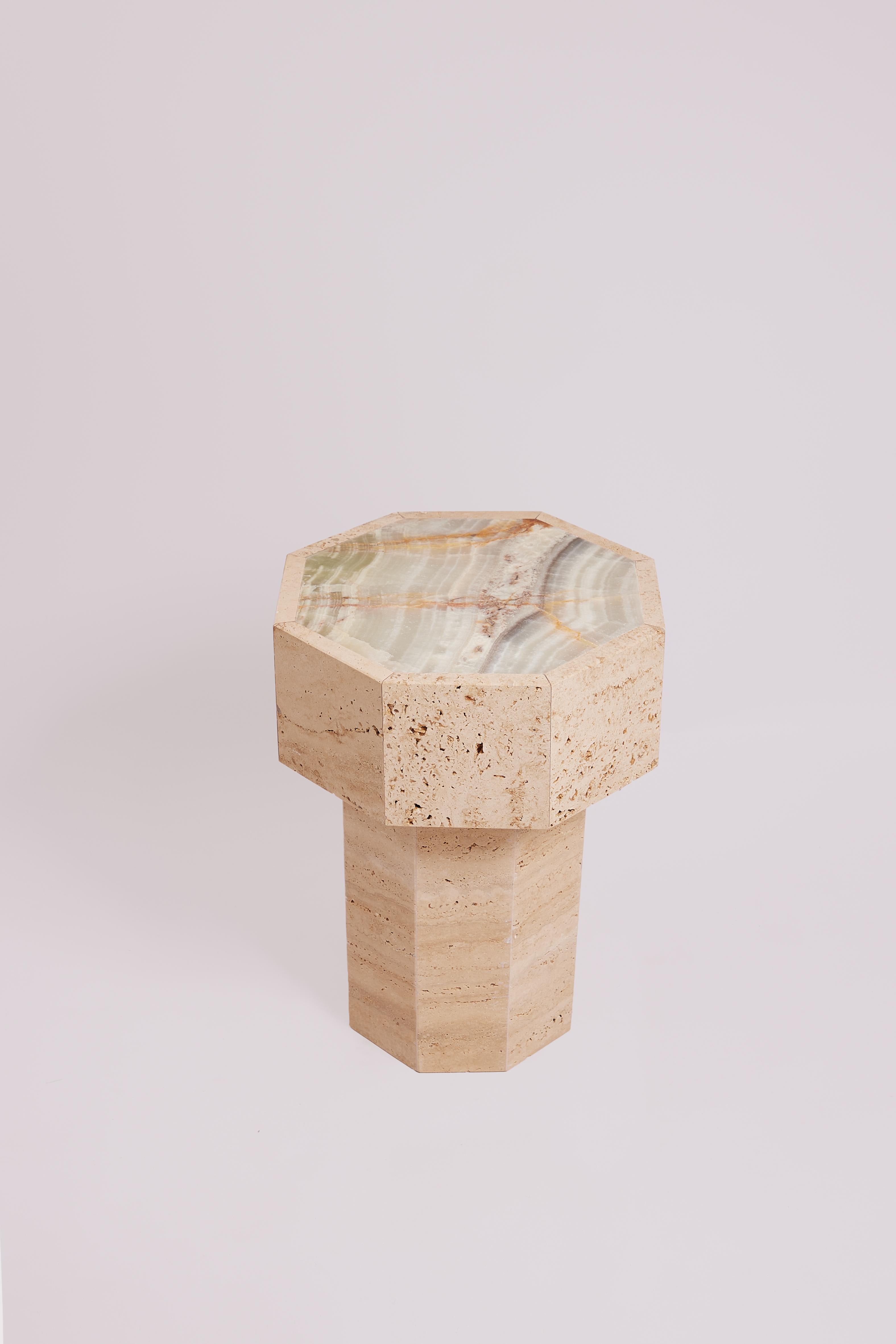Exotic Onyx Gisele Side Table by Studio Gaia Paris
Dimensions: ⌀ 39 x H 50 cm
Materials: Exotic Onyx and Travertine

The Gisèle side table, in onyx and travertine, features two types of natural stones known for their unique beauty and durable
