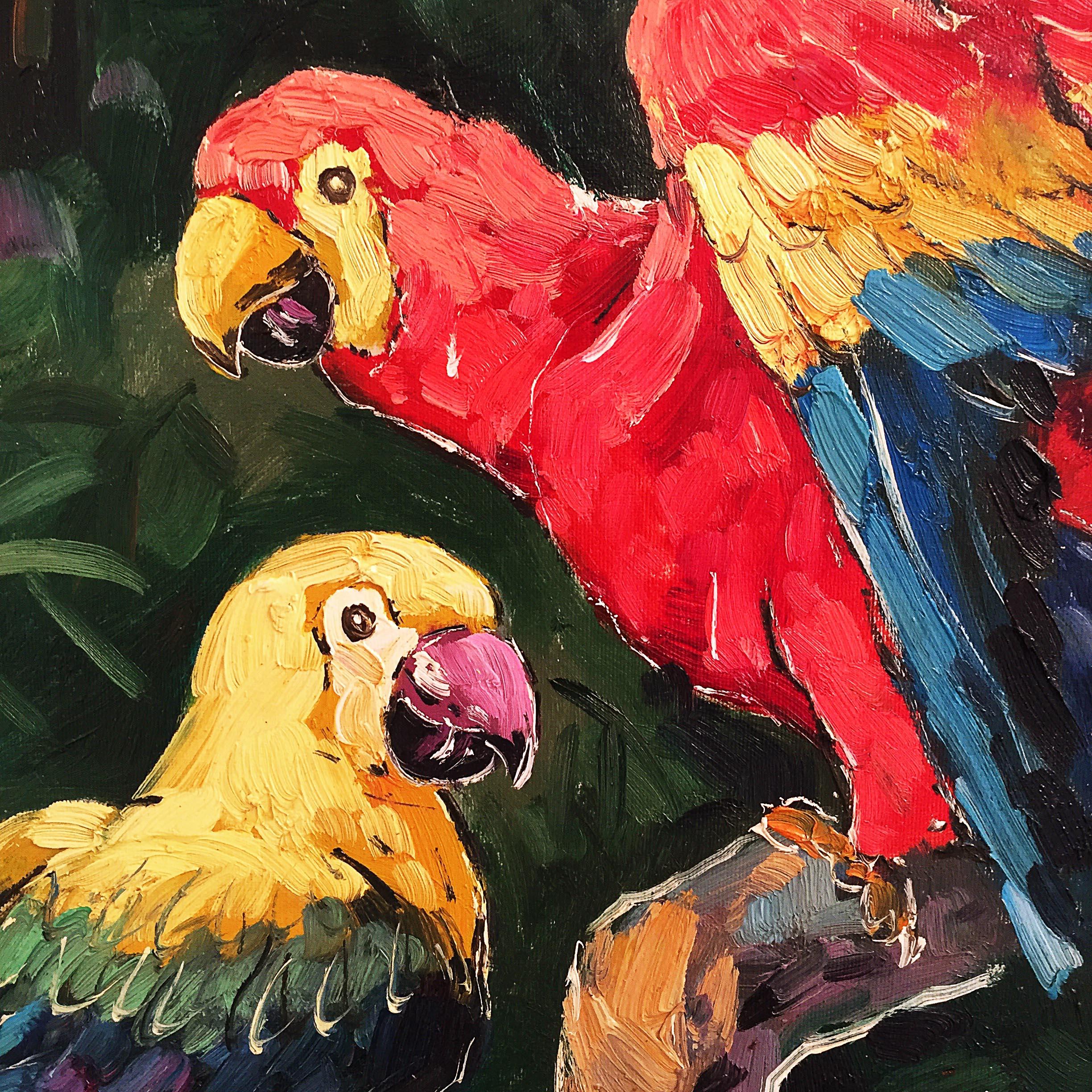 Arts and Crafts Paire de perroquets exotiques peinture à l'huile sur toile, cadre doré, années 1990  en vente