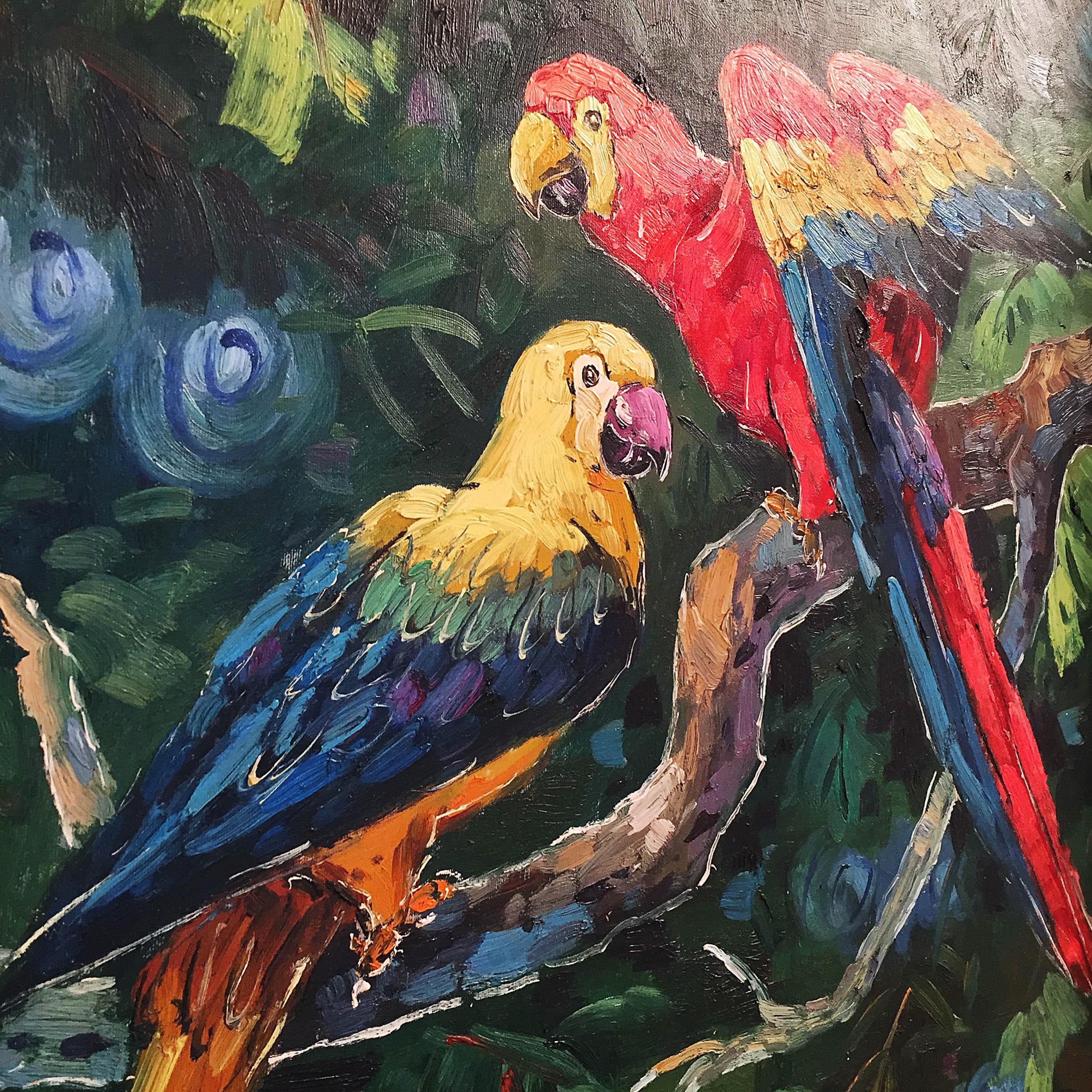 Britannique Paire de perroquets exotiques peinture à l'huile sur toile, cadre doré, années 1990  en vente
