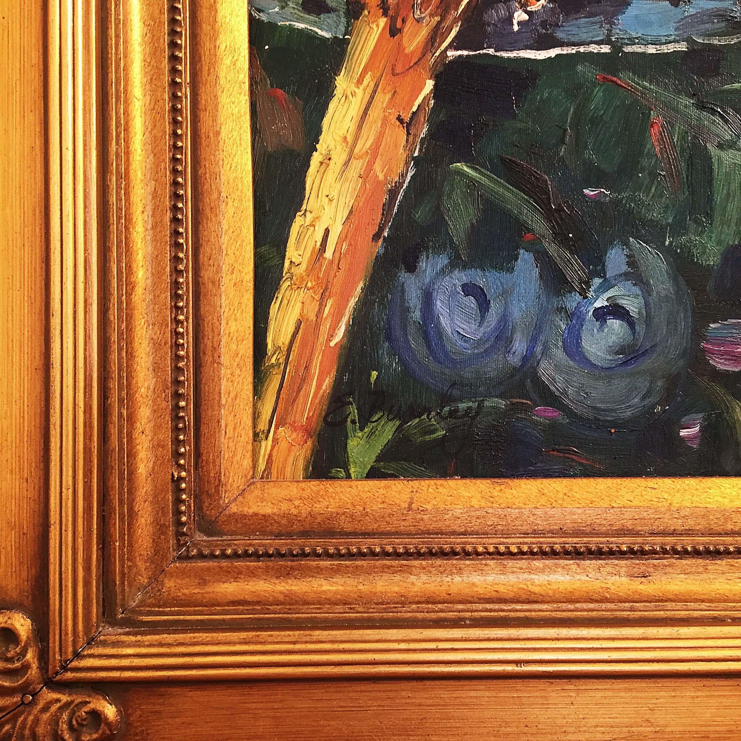 Paire de perroquets exotiques peinture à l'huile sur toile, cadre doré, années 1990  en vente 2