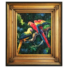 Paire de perroquets exotiques peinture à l'huile sur toile, cadre doré, années 1990