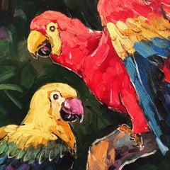 Exotic Jungle Pair of Parrots Painting on Gilded Large Frame, Oil on Canvas Boho