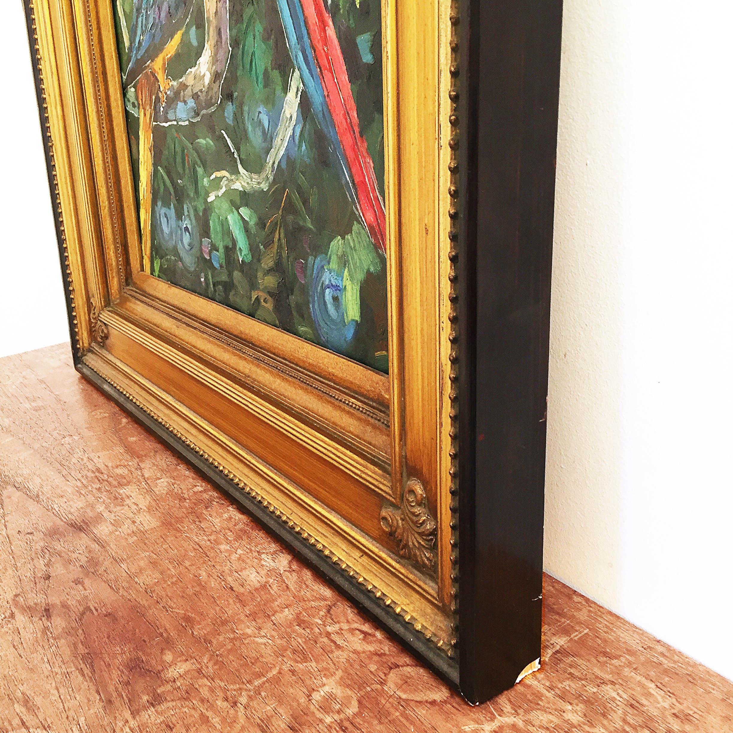 Late 20th Century Exotic Jungle Pair of Parrots Painting on Gilded Large Frame, Oil on Canvas Boho For Sale