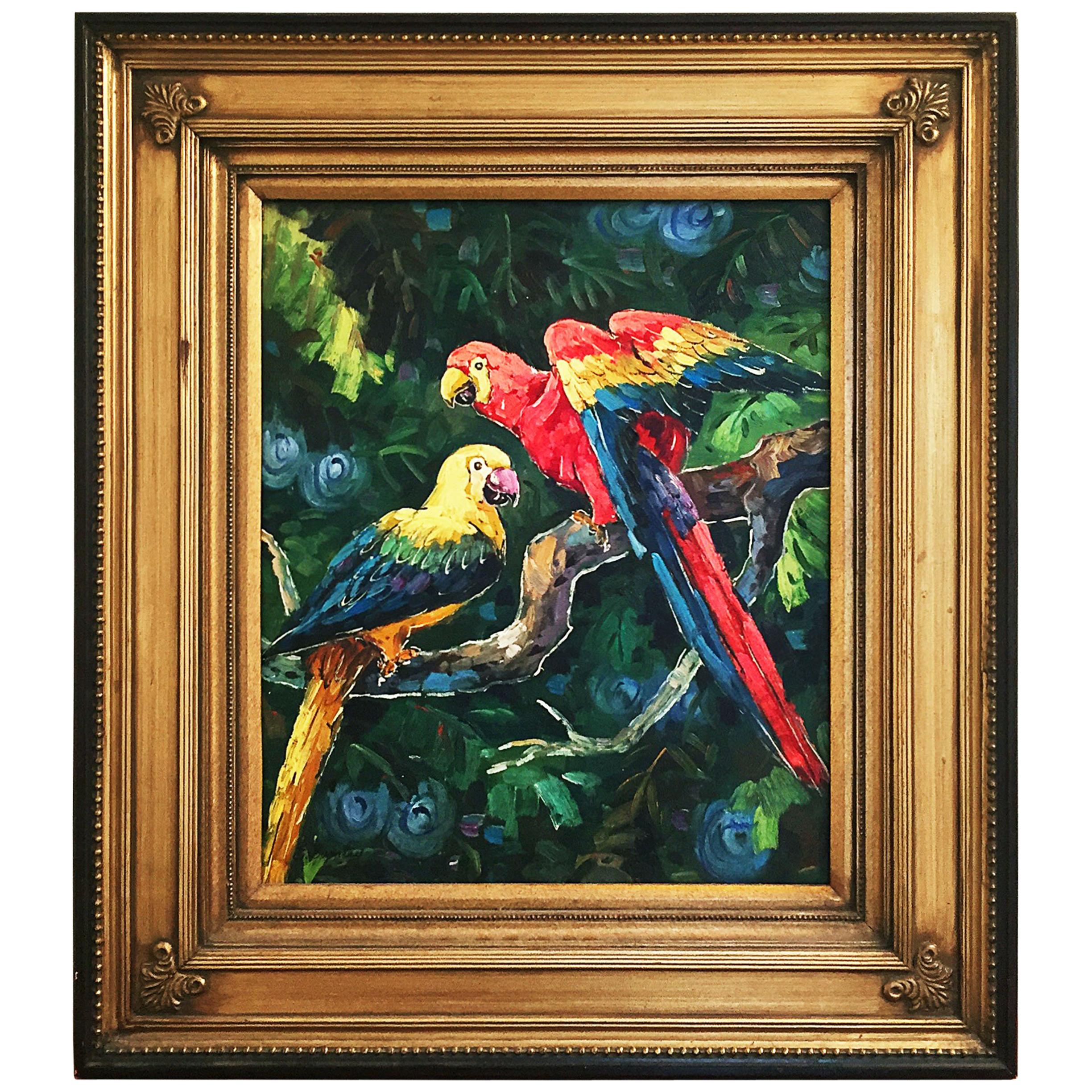Exotic Jungle Pair of Parrots Painting on Gilded Large Frame, Oil on Canvas Boho For Sale