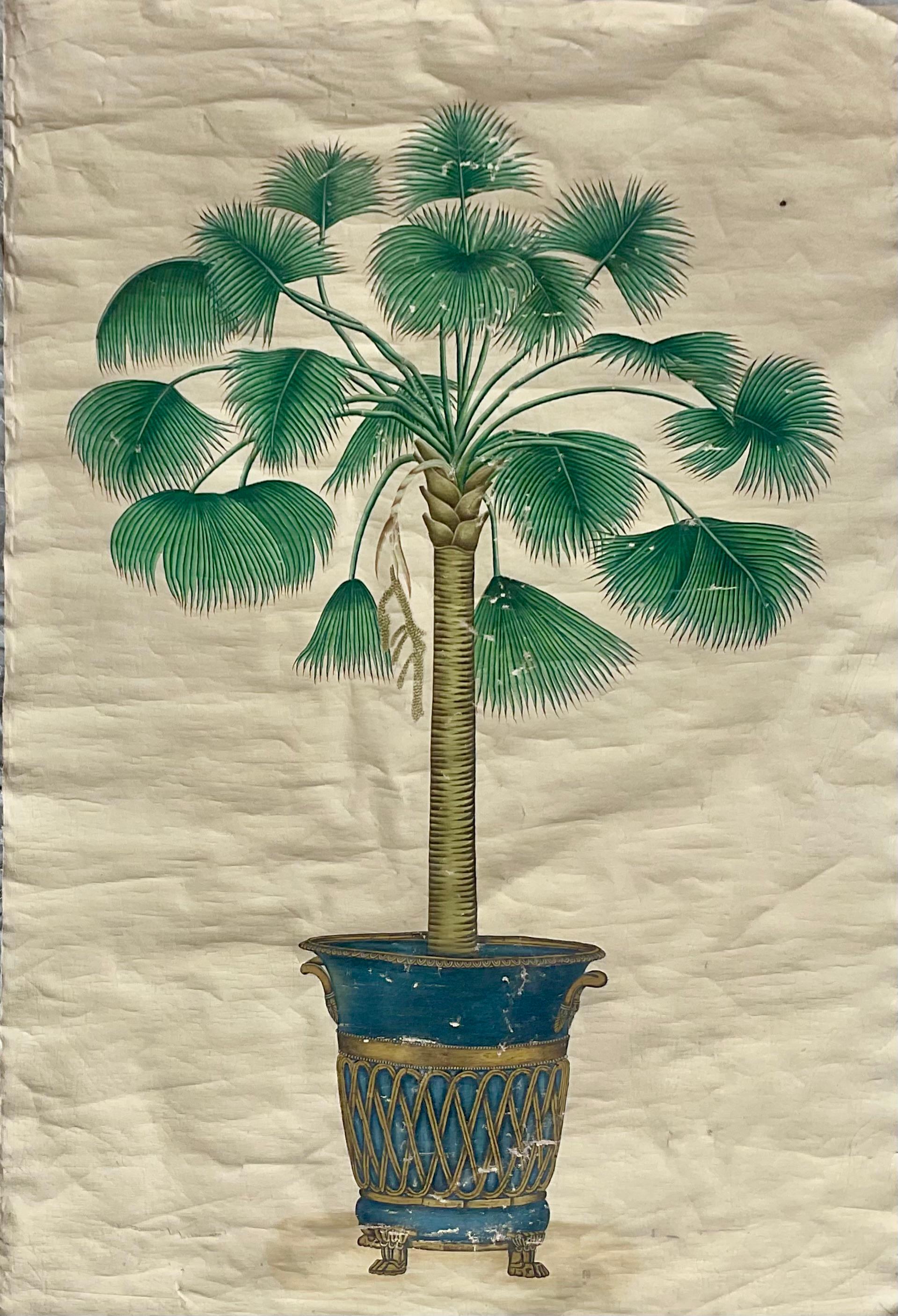 Un grande set di due dipinti di palme su tela in urne decorative. Ognuno di essi presenta dipinti botanici che raffigurano una diversa varietà di palma in modo squisito, all'interno di urne neoclassiche ornate di blu e dorate. Realizzate in vibranti