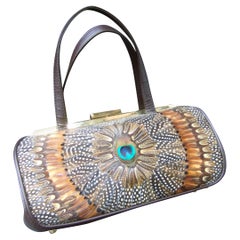 Exotic Peacock Plumage Bird Feather Structured Handbag circa 1970s 