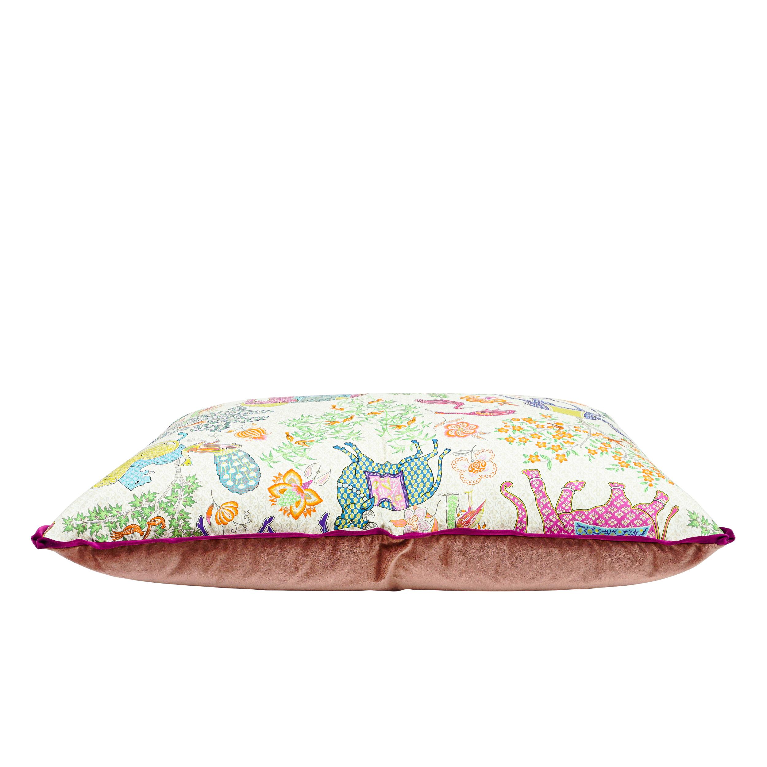 Exotic Playful Oversized Pillow with Elephant Camel Printed Cotton & Pink Velvet For Sale 4