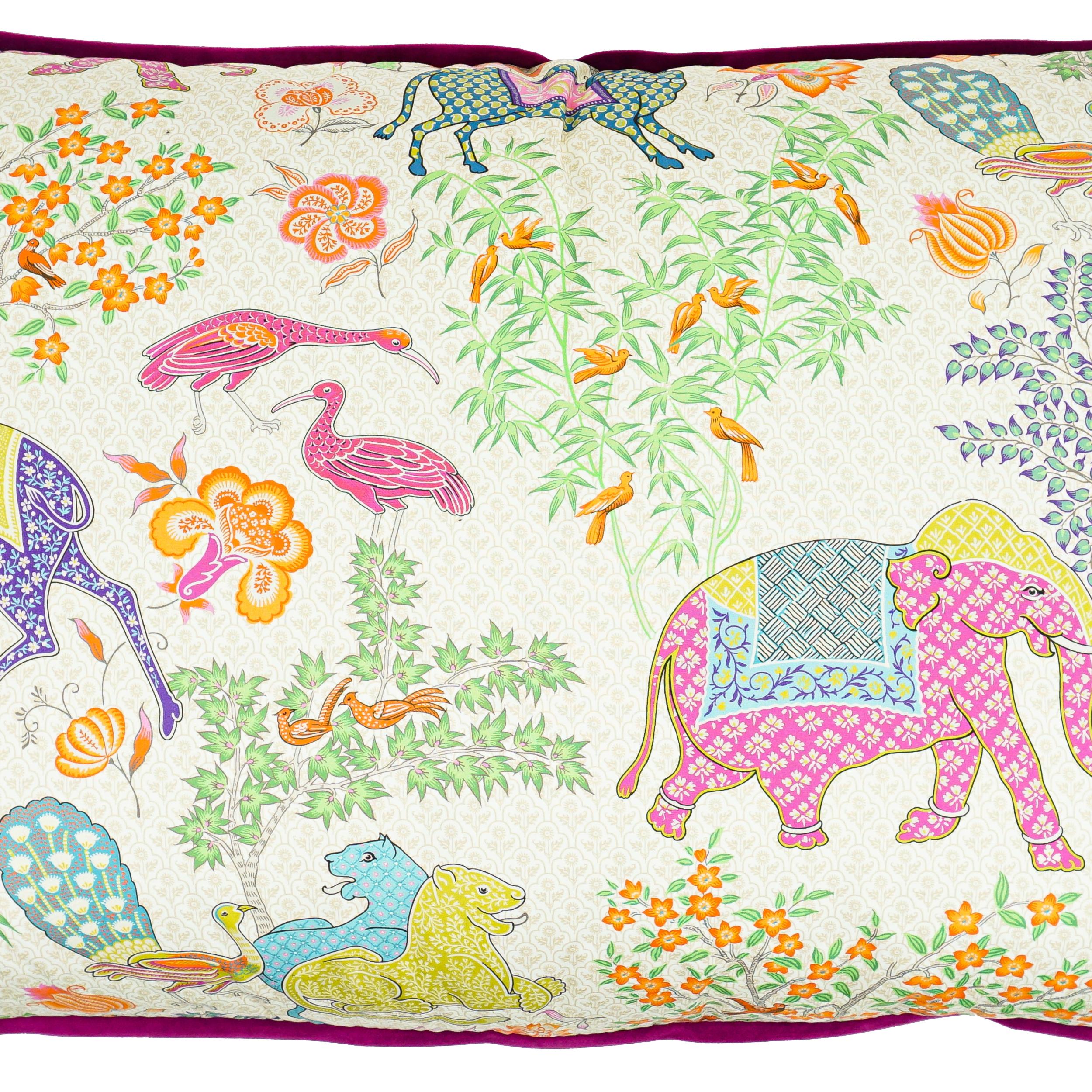 Exotic Playful Oversized Pillow with Elephant Camel Printed Cotton & Pink Velvet For Sale 5