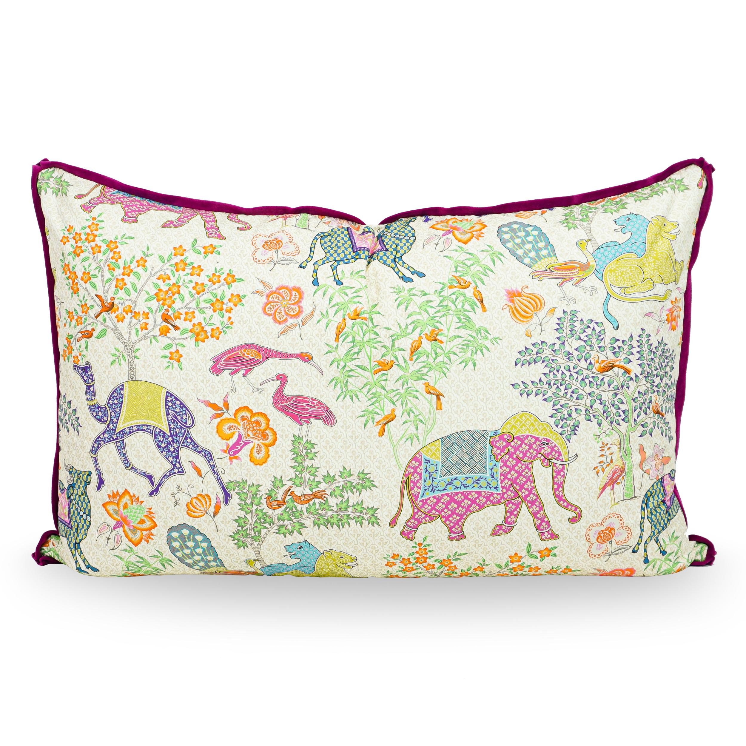 Contemporary Exotic Playful Oversized Pillow with Elephant Camel Printed Cotton & Pink Velvet For Sale