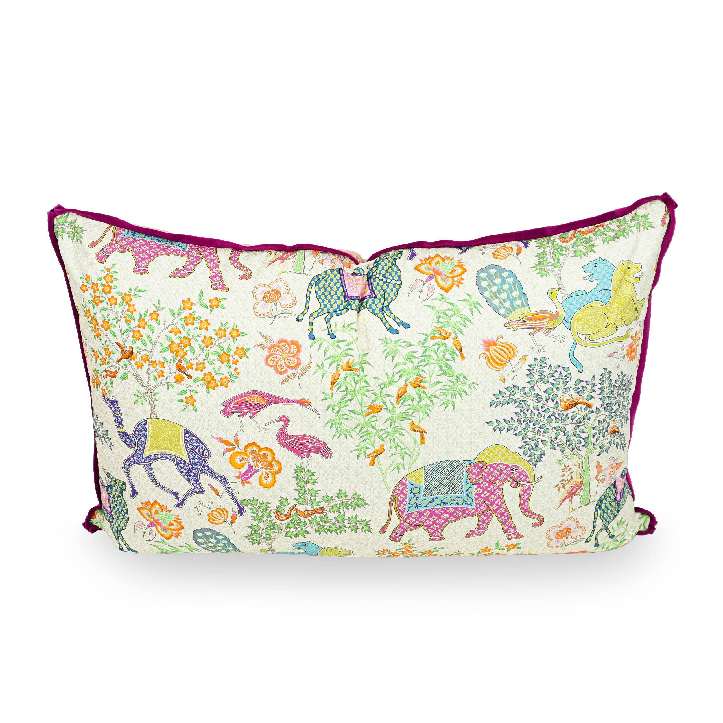 Exotic Playful Oversized Pillow with Elephant Camel Printed Cotton & Pink Velvet For Sale 1