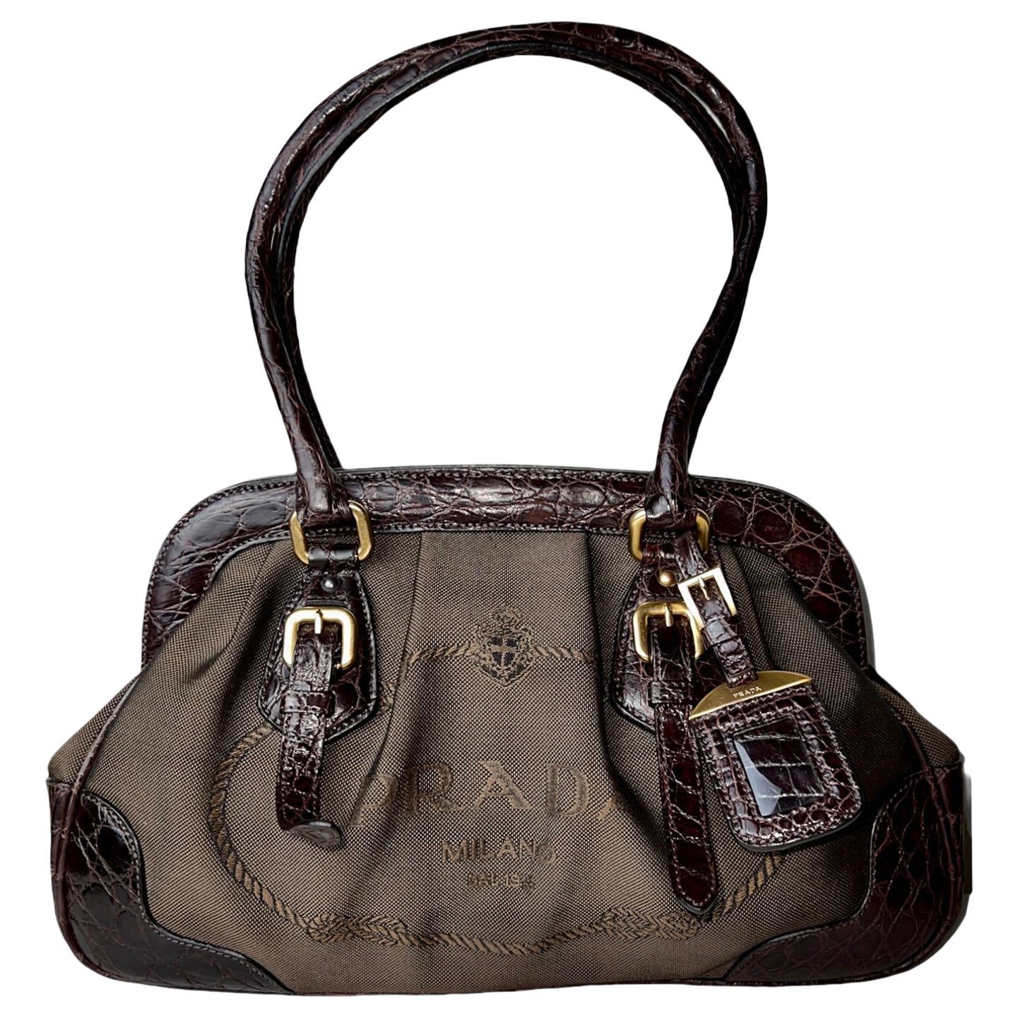 Exotic PRADA Doctor Frame Logo Print Jacquard & Leather Bowling Bag