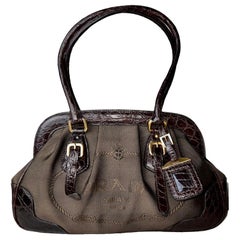 Exotic PRADA Doctor Frame Logo Print Jacquard & Leather Bowling Bag