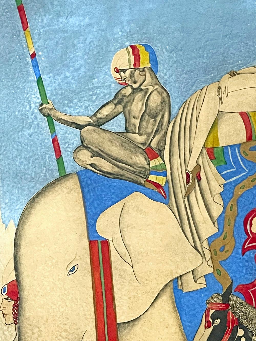 « Procession exotique avec éléphant », fabuleuse peinture Art déco de Bentivoglio Bon état - En vente à Philadelphia, PA