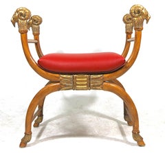 Exotic Ram &Hoof  Wood Carved Gilt Bench Egyptian Revival-Red Leather-Midcentury