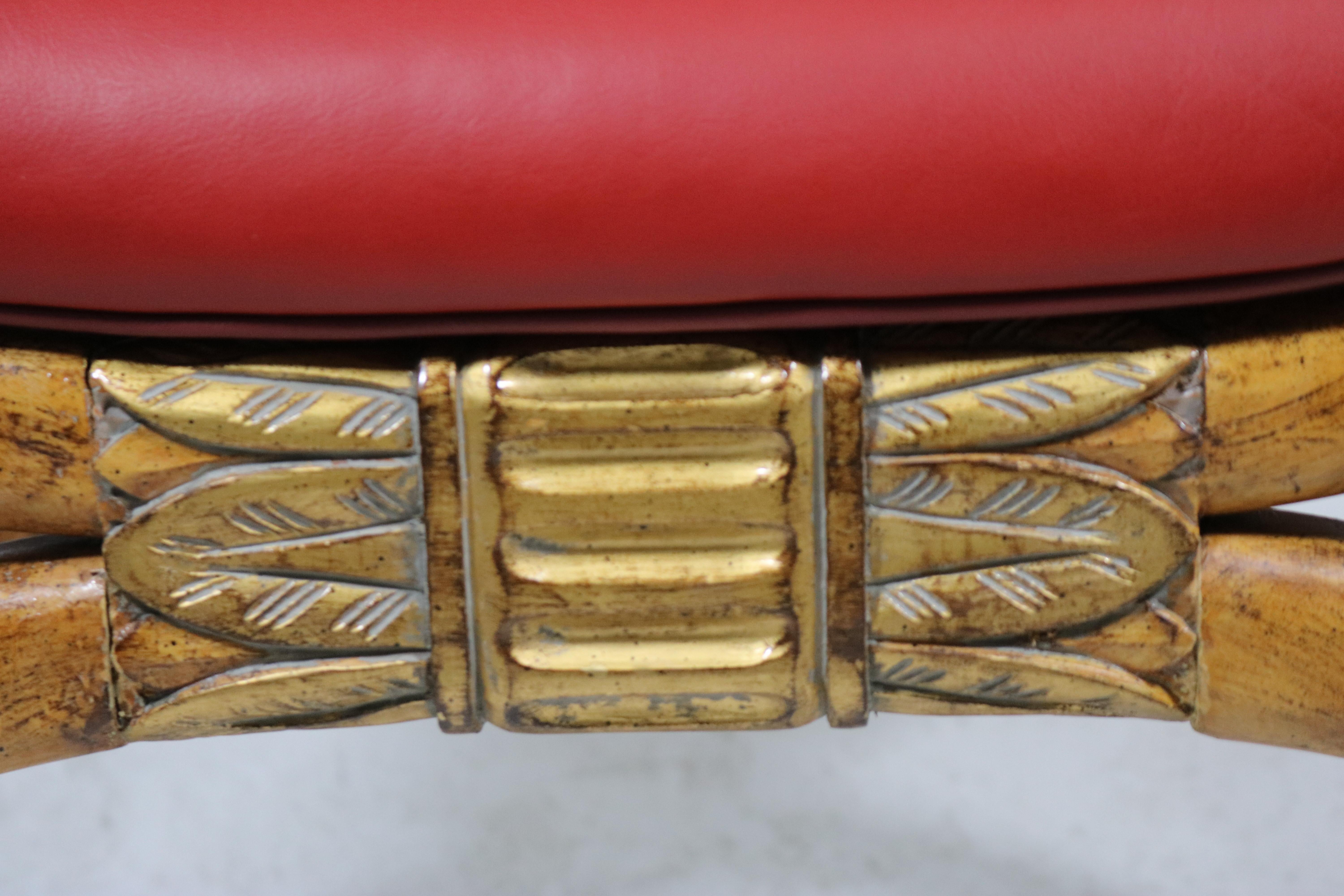 Exotic Ram &Hoof  Wood Carved Gilt Bench Egyptian Revival-Red Leather-Midcentury For Sale 3