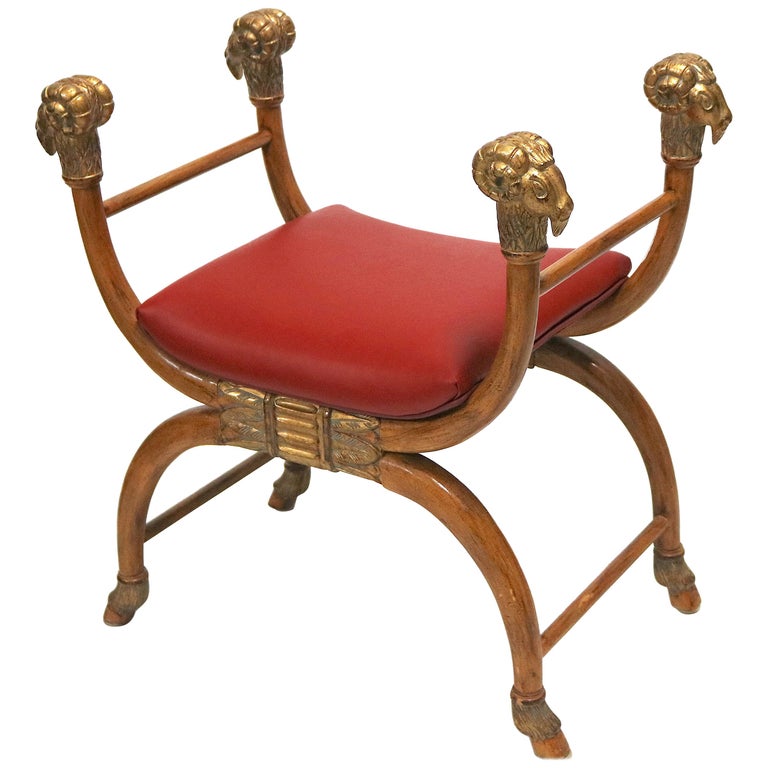 Exotic Ram &Hoof Wood Carved Gilt Bench Egyptian RevivalRed Leather