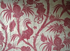Exotic Red Bird Indienne Stylized Flowers Cotton Curtain, French, 19th Century