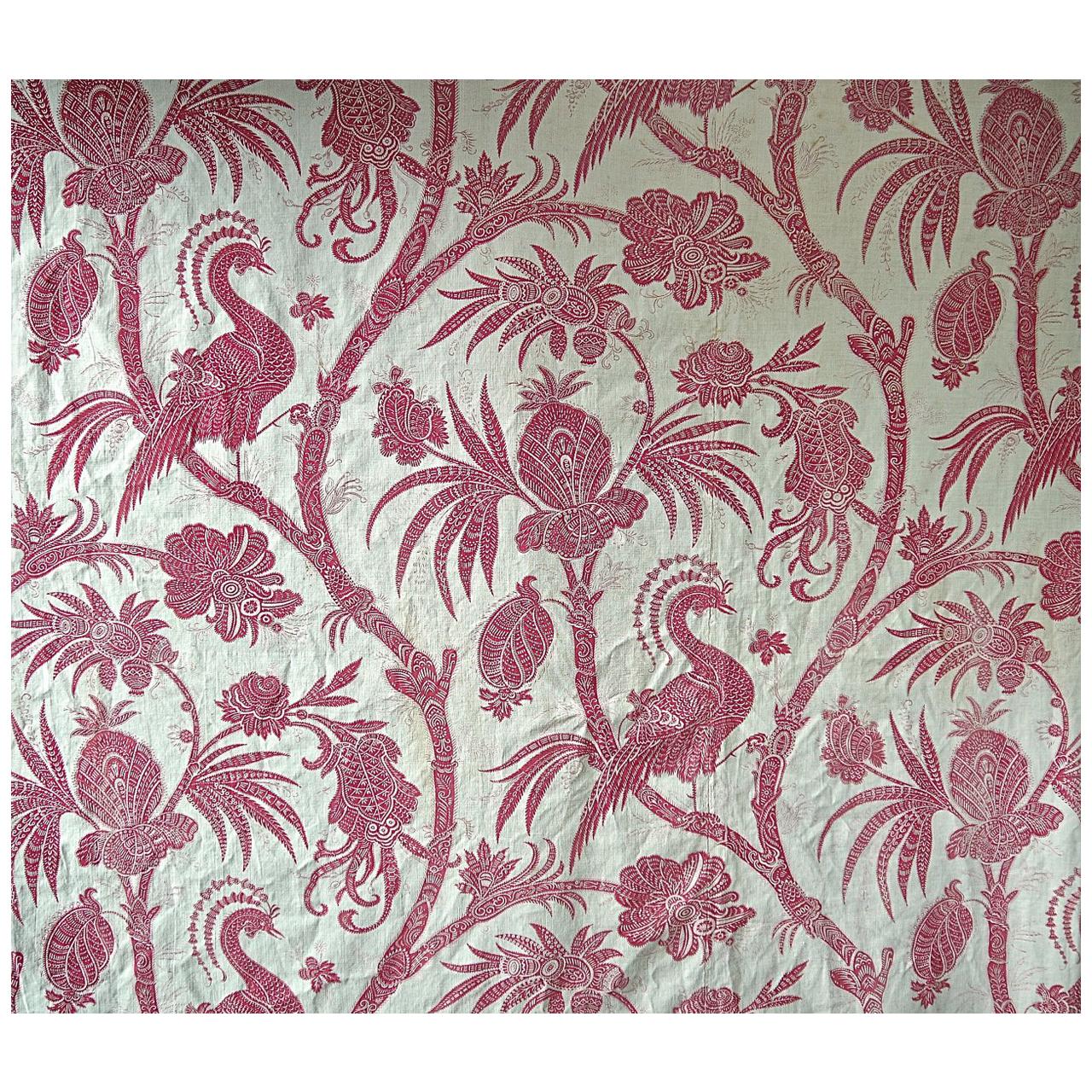 Exotic Red Bird Indienne Stylized Flowers Cotton Curtain, French, 19th Century For Sale