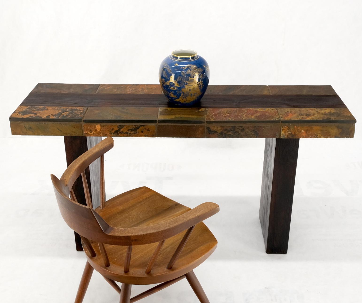 20th Century Exotic Rustic Wood & Stone Tile Mid-Century Modern Console Sofa Table For Sale