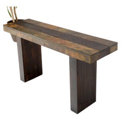 Vintage Exotic Rustic Wood & Stone Tile Mid-Century Modern Console Sofa Table