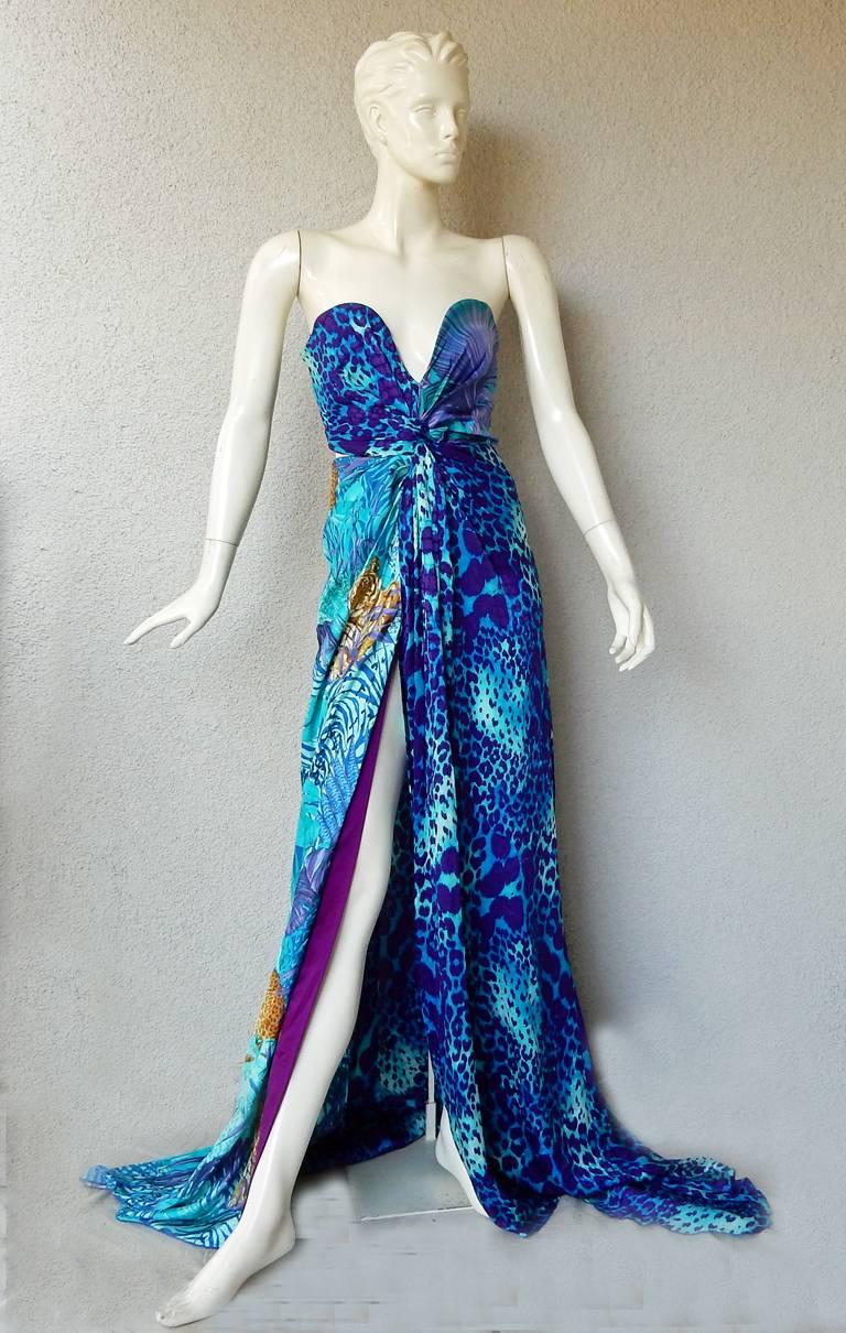 Blue Exotic Salvatore Ferragamo Strapless Silk Leopard Print Dress Gown For Sale