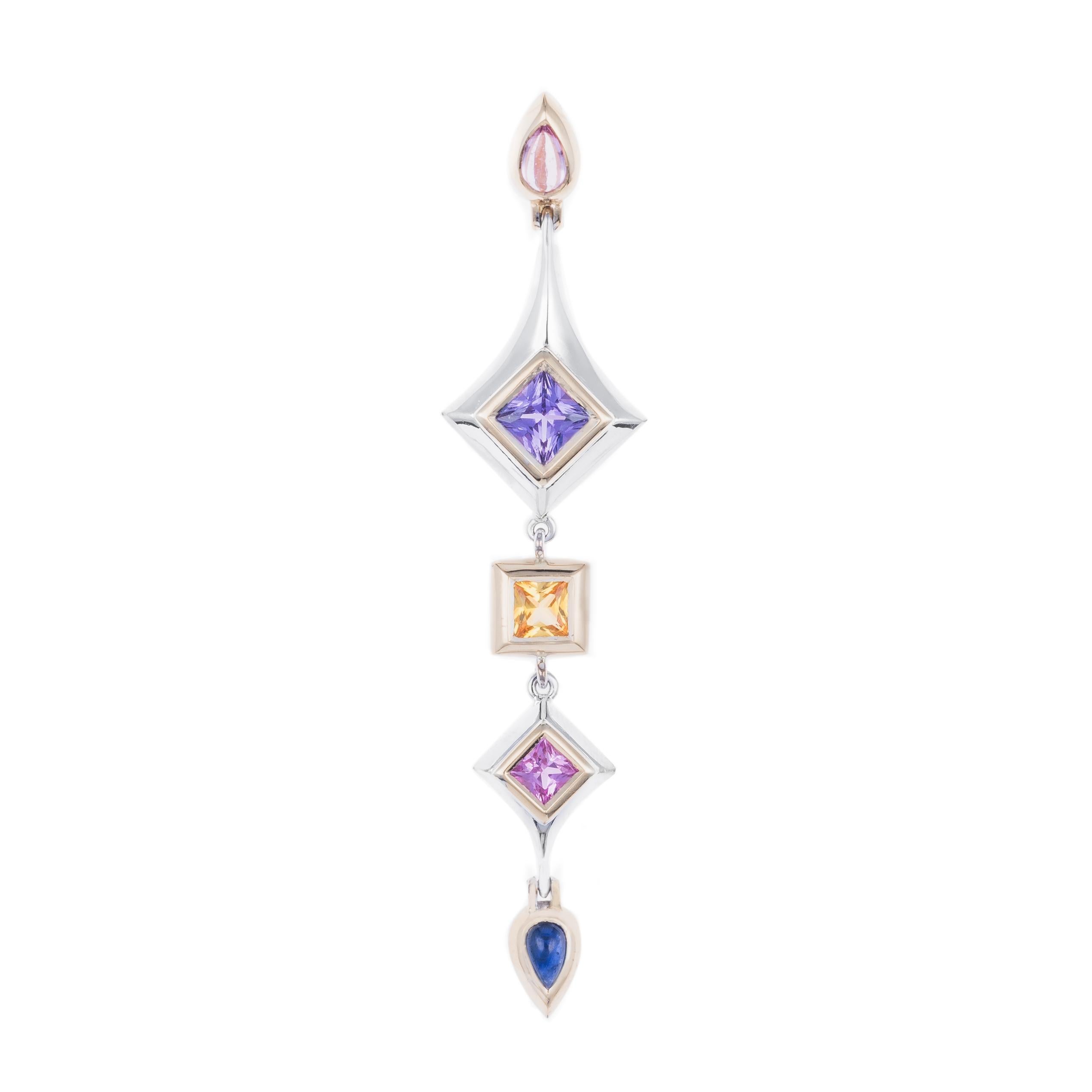 Handmade original Euphoria signature neck piece in 18ct white and yellow gold set with five superb coloured natural Sapphires. A breath-taking piece of jewellery that is sure to draw attention. 
Alluring, intense, vivid colours , full of vitality