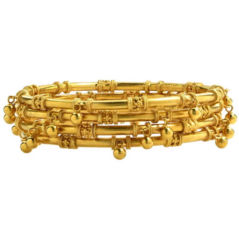 Exotic Set Of 22 Karat Yellow Gold Bangle Bracelets at 1stDibs