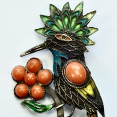 Exotic Silver Bird and Flower Brooch with Coral and Enamel Detail
