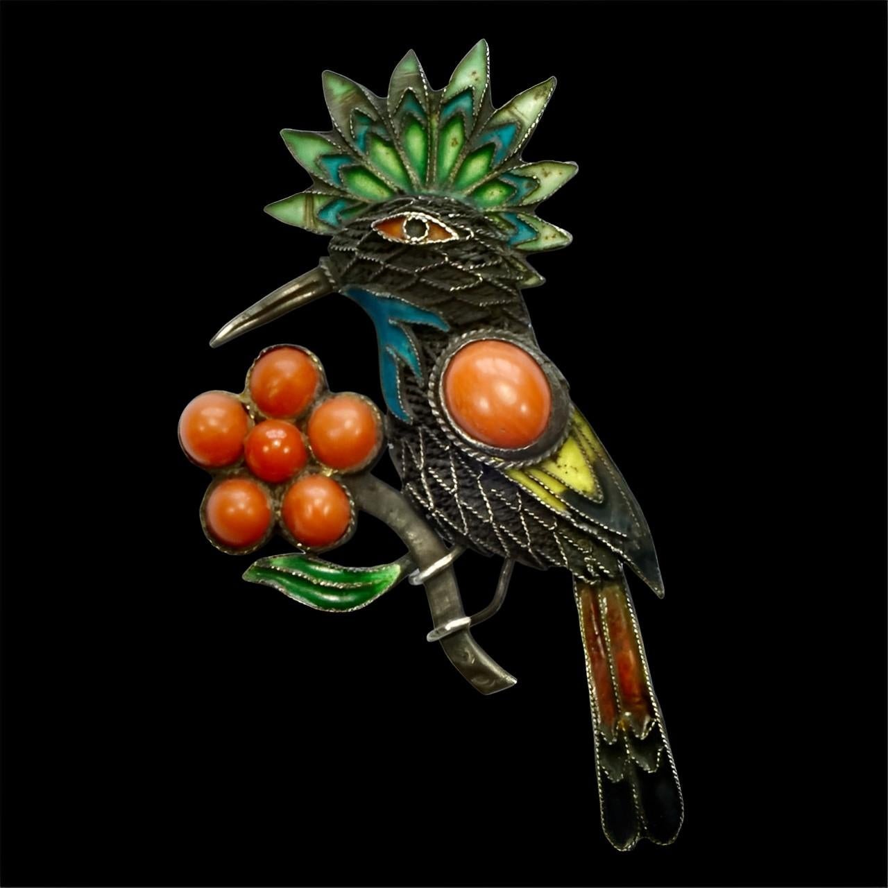 Exotic Silver Bird and Flower Brooch with Coral and Enamel Detail For Sale 1