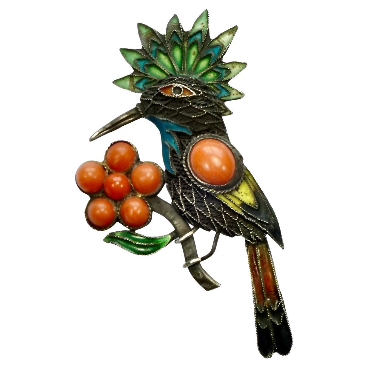 Exotic Silver Bird and Flower Brooch with Coral and Enamel Detail For Sale