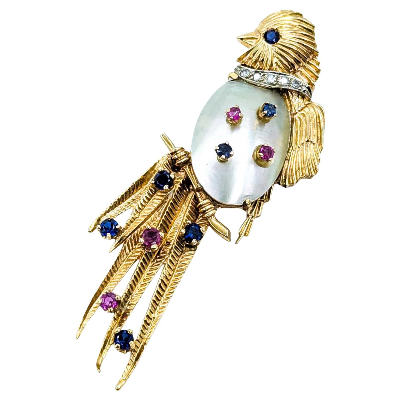 Exotic Song Bird Broach With Diamonds/Sapphires/Rubies/MOP