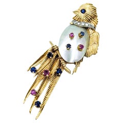Exotic Song Bird Broach With Diamonds/Sapphires/Rubies/MOP