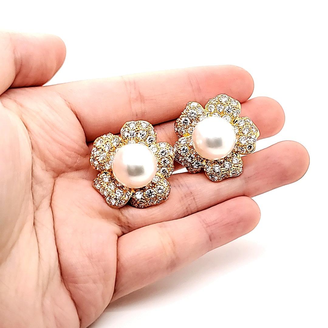 Contemporary Exotic South Sea Pearls Ear Clips with 7.78 Carats Diamonds For Sale