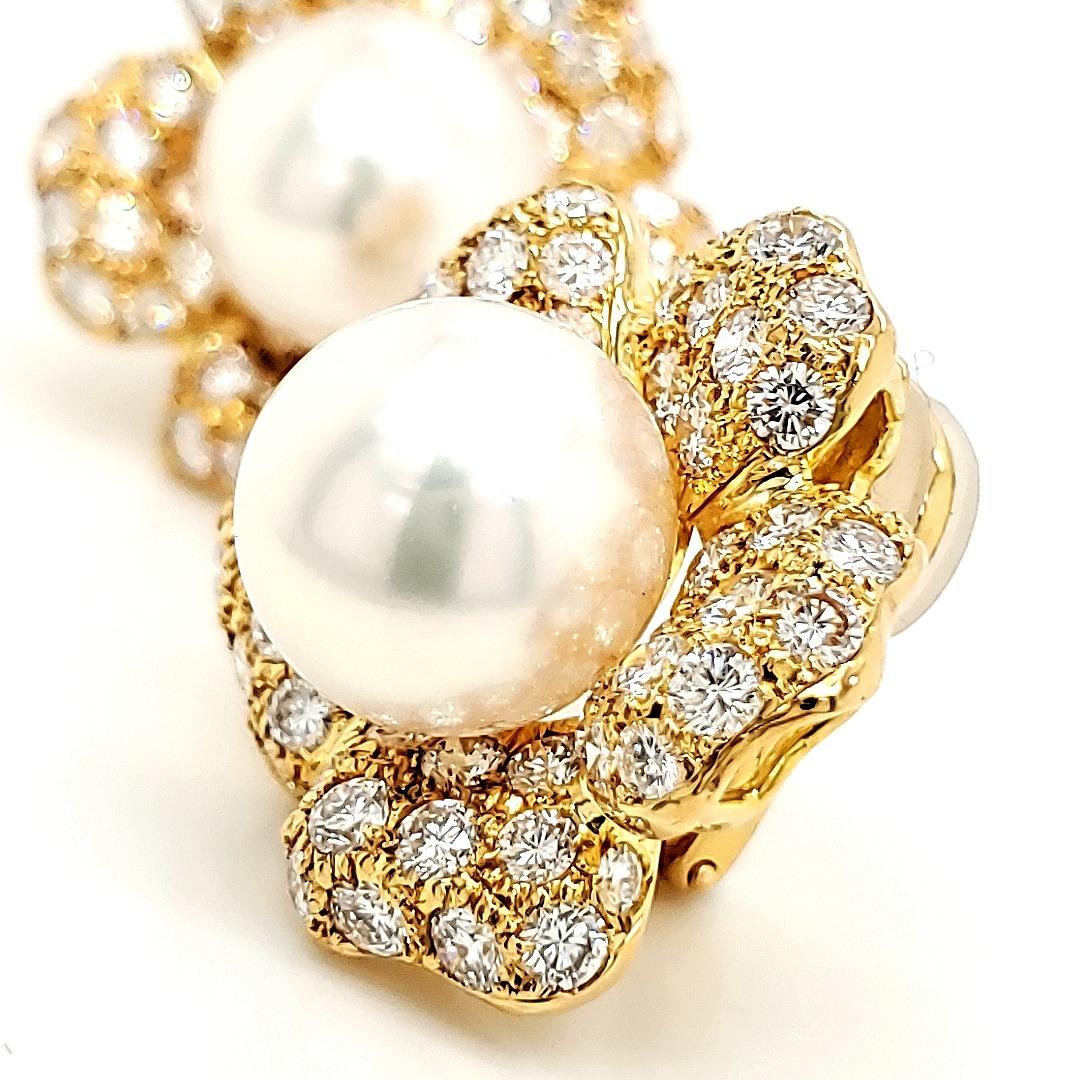 Half Moon Cut Exotic South Sea Pearls Ear Clips with 7.78 Carats Diamonds For Sale