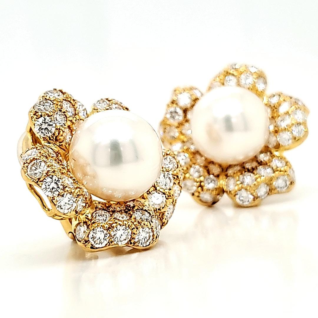 Women's Exotic South Sea Pearls Ear Clips with 7.78 Carats Diamonds For Sale