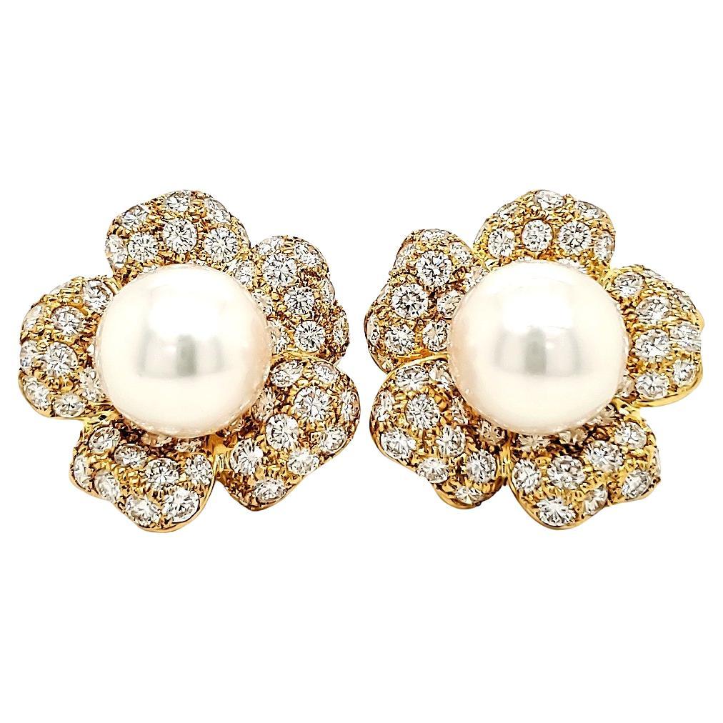 Exotic South Sea Pearls Ear Clips with 7.78 Carats Diamonds For Sale