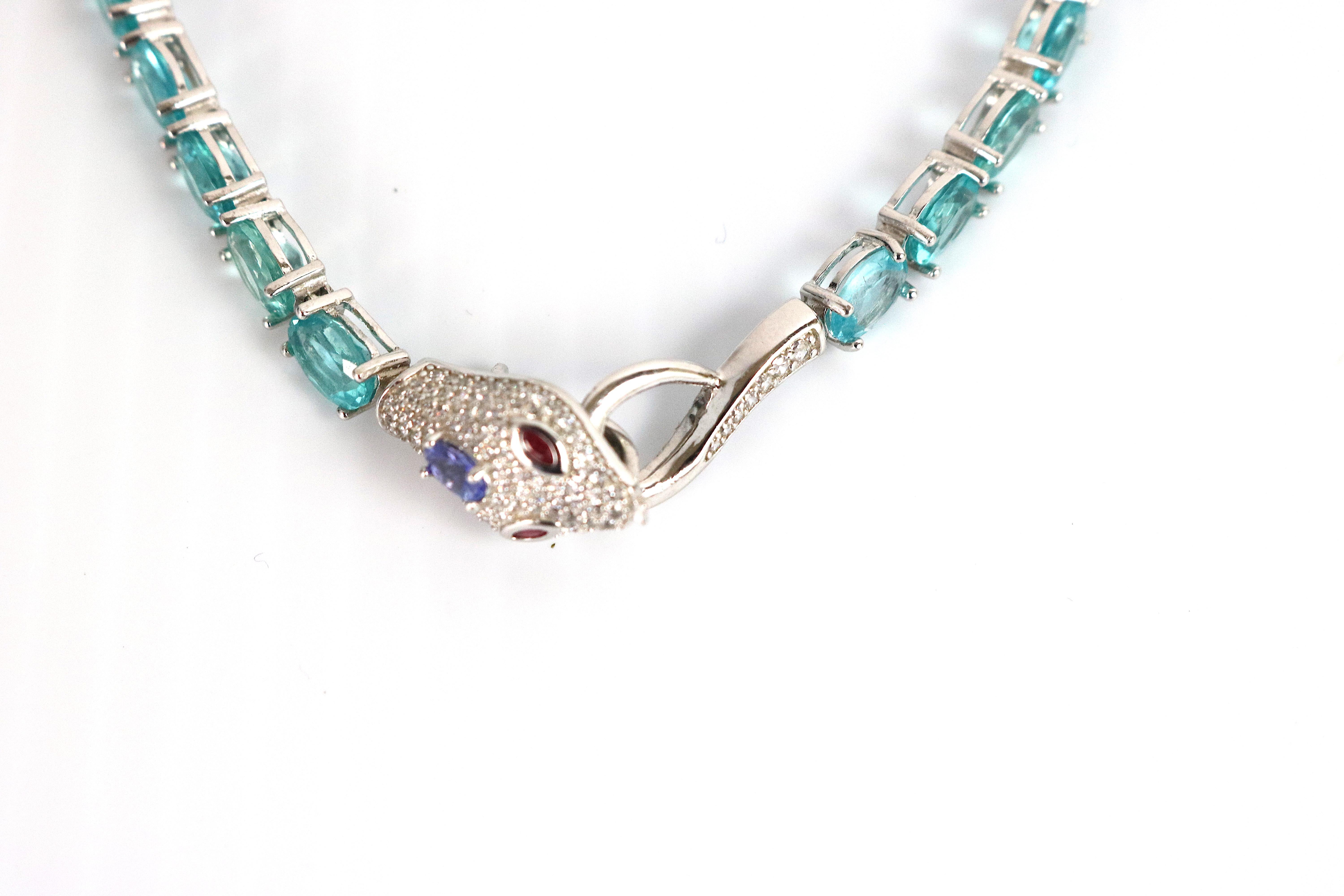 Exotic Sterling Gemstone Snake Bracelet-Diamond Pave, Apatite, Tanzanite & Rubies (Art déco) im Angebot