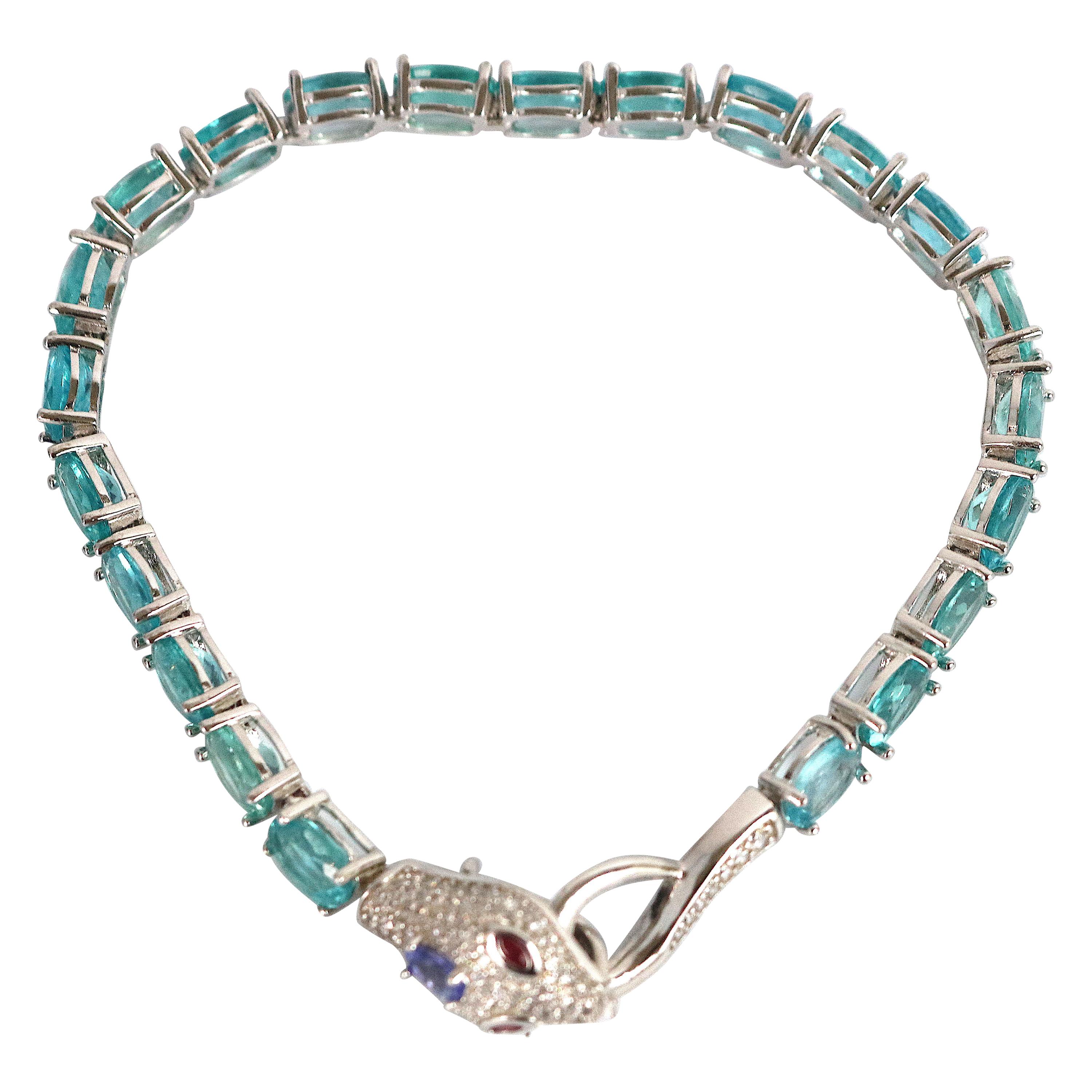 Exotic Sterling Gemstone Snake Bracelet-Diamond Pave, Apatite, Tanzanite & Rubies im Angebot