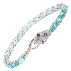 Vintage Exotic Sterling Gemstone Snake Bracelet-Diamond Pave, Apatite, Tanzanite & Rubies