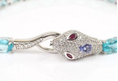 Exotic Sterling Gemstone Snake Bracelet-Diamond Pave, Apatite, Tanzanite & Rubies