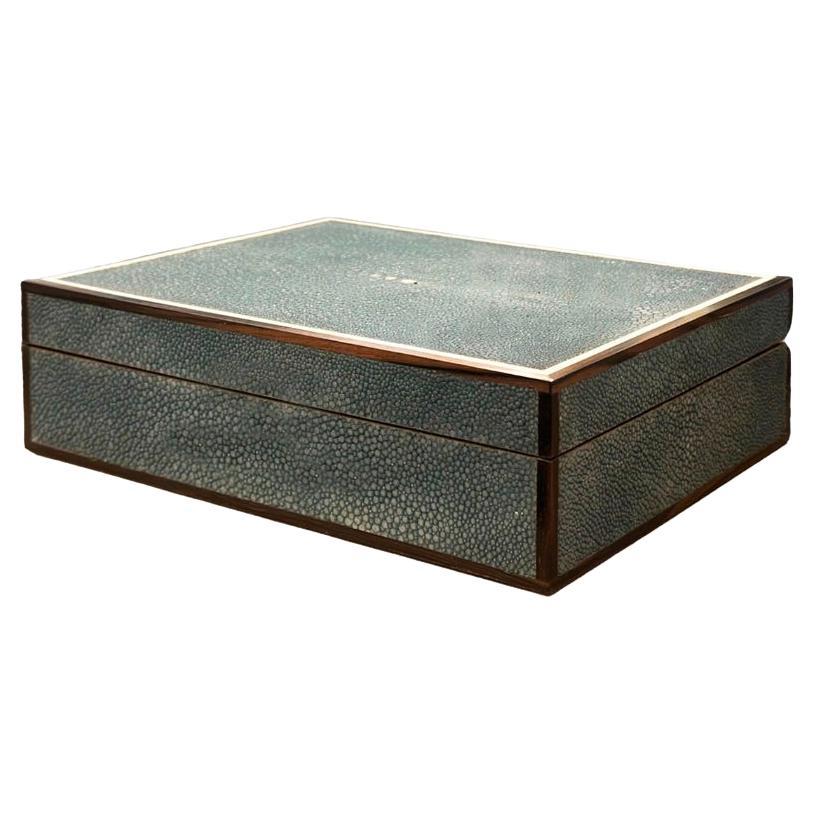 Exotic Turquoise Shagreen and Macassar Ebony Box with Bone Inlay