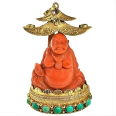 Exotic Vintage 18K Gold, Coral and Precious Stone Buddha Musical Pendant        