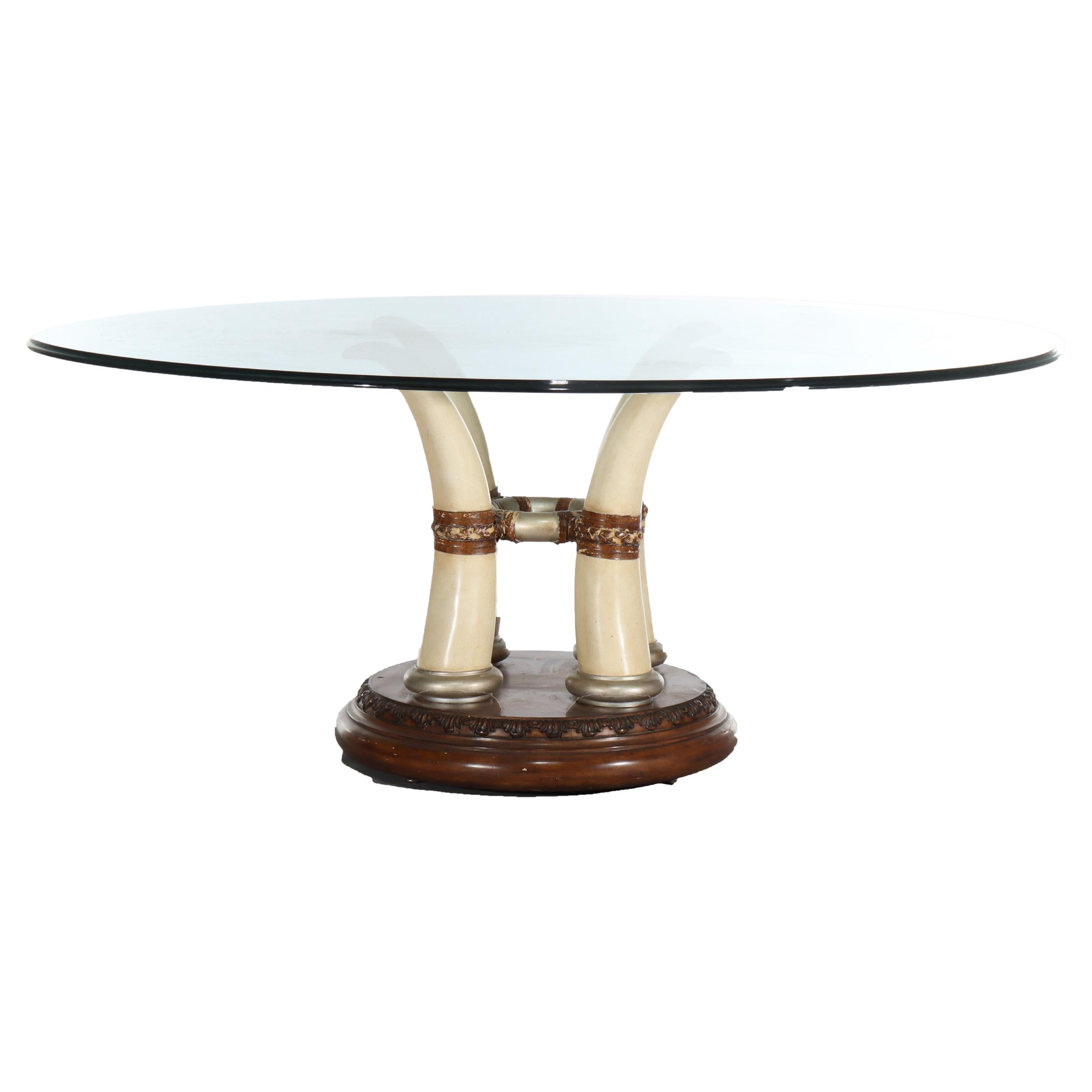 Exotic Vintage Carved Faux Elephant Tusk Glass Top Dining Table 20thC For Sale