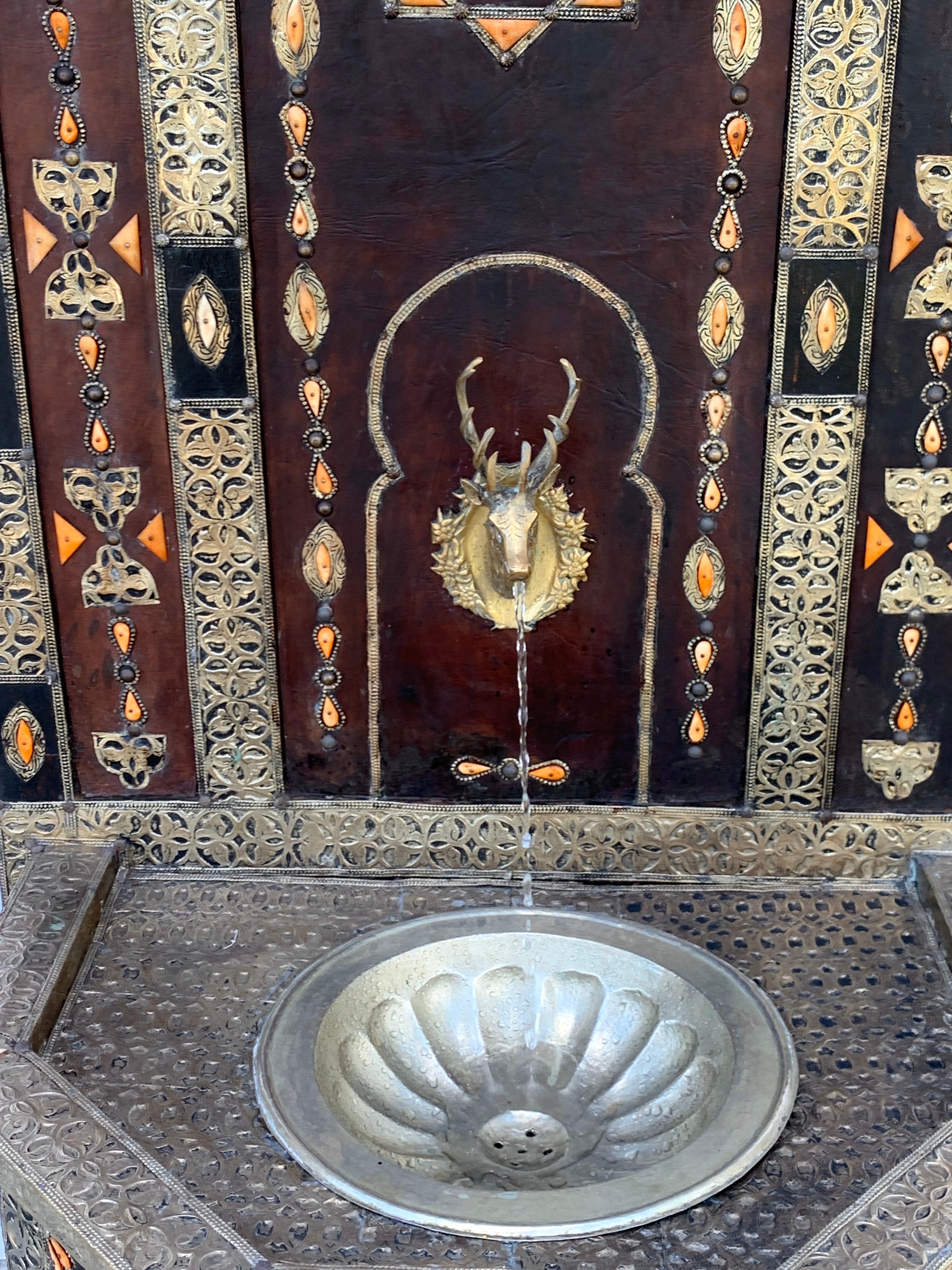 Moorish Exotic Vintage Moroccan Brass, Bone, and Silvered Fountain