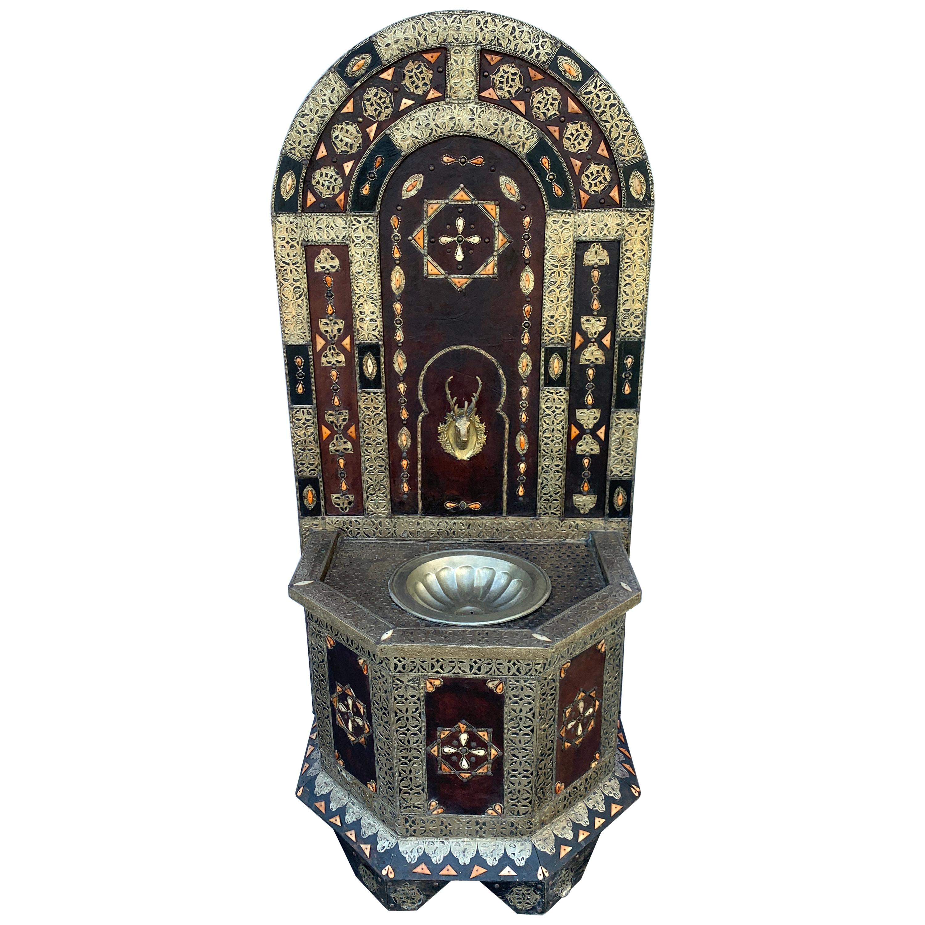 Exotic Vintage Moroccan Brass, Bone, and Silvered Fountain